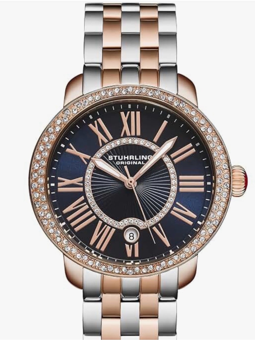 Stuhrling Original Women's Rose Gold & Silver Crystal Accent Watch - Navy Dial